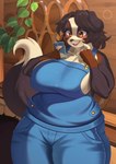 absurd_res amaverse angel_welina anthro barrel bernese_mountain_dog big_breasts blush breasts canid canine canis chimney cleavage clothed clothing curvy_figure denim denim_clothing detailed_background domestic_dog fangs female female_anthro fully_clothed hair hi_res inside kemono kimako-desu looking_at_object mammal molosser mountain_dog overalls overalls_only overweight overweight_female plant side_boob sleeveless_topwear slightly_chubby smile solo swiss_mountain_dog tavern teeth thick_thighs tongue voluptuous