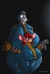 anthro big_breasts black_body black_fur blue_hair breasts buckteeth clothed clothing duo female fur glowing glowing_eyes green_eyes gun hair huge_breasts open_mouth pip-boy ranged_weapon red_hair teeth thick_thighs vault_suit weapon white_body white_fur dutch_(artist) fallout microsoft misty_the_mouse apple_(dutch) misty_(dutch) bear giant_panda mammal mouse murid murine rodent 2023 digital_media_(artwork) hi_res