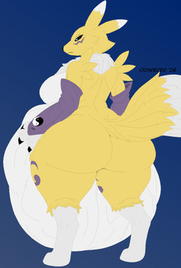 abdominal_bulge ambiguous_gender ambiguous_prey anthro anthro_pred arm_tuft armwear belly big_belly big_breasts big_butt black_sclera blue_eyes breasts bridal_gauntlets butt cheek_tuft claws clothing countershade_belly countershading dipstick_ears dipstick_tail ear_markings facial_tuft fangs female female_pred fur gloves_(marking) hand_on_belly hand_on_own_belly huge_belly huge_butt hyper hyper_belly leg_markings markings multicolored_body multicolored_ears multicolored_fur neck_tuft overweight overweight_anthro overweight_female prey_outline rear_view same_size_vore shoulder_tuft side_boob socks_(marking) solo tail tail_markings teeth thick_thighs tuft two_tone_body two_tone_fur vore white_body white_fur wide_hips yellow_body yellow_fur yin_yang ochrecer bandai_namco digimon digimon_(species) renamon 2026 absurd_res digital_drawing_(artwork) digital_media_(artwork) hi_res pixel_(artwork)