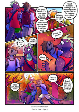 anthro blush blush_lines bottomwear brown_hair clothed clothed_anthro clothed_male clothing countershade_torso countershading detailed_background dialogue duo forest forest_background green_body green_countershading green_spots hair male male_anthro muscular muscular_male nature nature_background park plant purple_body rattle_(anatomy) shirt shorts speech_bubble spots tail tank_top text topwear tree atrolux conditional_dnp shedding_inhibitions_(atrolux) amon_(atrolux) bassel_(atrolux) lizard pit_viper rattlesnake reptile scalie skink snake viper comic english_text hi_res url trans_(lore) trans_man_(lore)