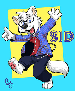 anthro barefoot blue_bottomwear blue_clothing blue_eyes blue_pants blue_topwear bottomwear clothed clothing eyewear feet front_view fur glasses glistening glistening_eyes logo looking_at_viewer male male_anthro open_clothing open_mouth open_smile open_topwear pants rectangular_glasses red_clothing red_topwear simple_background smile solo tail topwear white_body white_fur white_tail pandapaco canid canine mammal artist_logo full-length_portrait portrait signature