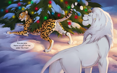 black_spots black_stripes butt dialogue duo eyewear feral fur glasses green_eyes male markings open_mouth outside rear_view smile speech_bubble spots spotted_body spotted_fur standing striped_markings striped_tail stripes tail tail_markings teeth text tongue whiskers white_body white_fur white_tail reallynxgirl cheetah felid feline lion mammal pantherine 2025 digital_drawing_(artwork) digital_media_(artwork) english_text hi_res