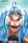 blue_hair blue_wings blush breasts cleavage clothed clothing duo feathered_wings feathers female female_on_human hair human_on_humanoid interspecies looking_at_viewer male male/female male_on_humanoid monster_girl_(genre) navel small_breasts wings yellow_eyes pablocomics european_mythology greek_mythology monster_musume mythology papi_(monster_musume) animal_humanoid avian avian_humanoid harpy human humanoid mammal mythological_avian mythological_creature 2017 hi_res