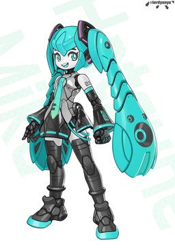 anime_style eyelashes female looking_at_viewer machine mecha mecha_musume mechanical_clothing mechanical_hair necktie not_furry open_mouth open_smile pseudo_hair smile solo speaker standing young young_female lordyanyu vocaloid hatsune_miku android humanoid robot robot_humanoid full-length_portrait hi_res portrait