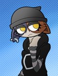 :3 anthro beanie black_body black_fur blue_background brown_body brown_fur clothing ear_piercing female fur hat headgear headwear hoodie looking_away multicolored_body multicolored_fur piercing simple_background solo topwear two_tone_body two_tone_fur yellow_eyes malegardevoir epic_games fortnite meow_skulls domestic_cat felid feline felis mammal 2022 hi_res