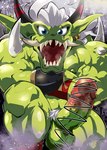 balls biceps big_penis blue_eyes bodily_fluids censored_balls censored_genitalia censored_penis ear_piercing genital_fluids genitals green_body green_skin hair horn leaking_precum male muscular muscular_humanoid muscular_male muscular_thighs nipples penis piercing pointy_ears precum solo triceps vein veiny_muscles veiny_penis white_hair logan_sato bandai_namco digimon digimon_(species) humanoid ogre ogremon absurd_res censored hi_res