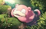 ambiguous_gender detailed_background flower grass open_mouth partially_submerged plant solo water gossan nintendo pokemon generation_1_pokemon pokemon_(species) slowpoke 2019 digital_media_(artwork)