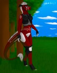 anthro black_body blue_eyes body_pattern breasts claws female fur grass hair horn non-mammal_breasts plant red_body red_fur sky solo tree white_hair aydaharart mythology dragon furred_dragon furred_scalie mythological_creature mythological_scalie scalie absurd_res hi_res