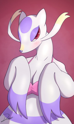 anthro anthrofied big_breasts blush blush_lines bra breasts cleavage clothed clothing eyeshadow female looking_at_viewer makeup pink_bra pink_clothing pink_underwear pokemorph purple_eyeshadow red_background red_eyes simple_background solo topwear underwear white_body dr.dewott nintendo pokemon generation_5_pokemon mienshao pokemon_(species) absurd_res digital_media_(artwork) hi_res