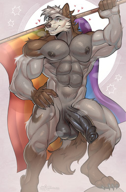 abs anthro areola arm_tuft balls barazoku biceps big_balls big_muscles big_pecs big_penis black_balls black_claws black_nipples black_nose black_penis brown_body brown_fur claws deltoids erection feet fingers flag flag_(object) fluffy fluffy_tail forearm_muscles foreskin fur genitals glistening_abs green_eyes grey_body grey_fur grey_hair hair hand_on_hip holding_flag holding_object huge_balls huge_muscles huge_penis humanoid_genitalia humanoid_penis inner_ear_fluff lgbt_pride looking_at_viewer male markings muscular muscular_anthro muscular_arms muscular_calves muscular_legs muscular_male muscular_thighs neck_muscles nipples nude obliques pecs penis pride_color_flag pride_colors quads rainbow_flag rainbow_pride_colors rainbow_pride_flag rainbow_symbol raised_arm serratus shoulder_tuft simple_background smile solo standing tail teeth thick_penis thick_thighs toes toothy_grin triceps tuft vein veiny_penis sadmishutka_(artist) lgbt_pride_month arcori canid canine canis mammal wolf absurd_res digital_media_(artwork) hi_res