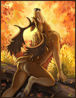 anthro antlers autumn balls black_body bracelet brown_body brown_fur butt eyes_closed fur genitals hooves horn jewelry log male necklace solo tan_body tan_fur wood caribou_(artist) cervine deer fallow_deer mammal
