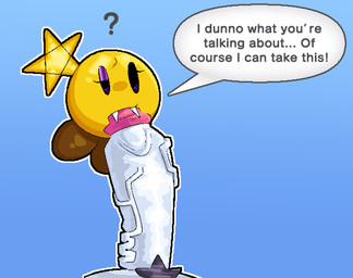 big_penis blue_background brown_clothing brown_footwear brown_shoes clothing duo erection exclamation_point faceless_character faceless_male fangs female female_focus footwear genitals glans gradient_background grey_pubes grey_text humanoid_genitalia humanoid_penis larger_male male male/female not_furry one_eye_half-closed outline penis pubes purple_eyelids red_glans shoes simple_background size_difference smaller_female solo_focus speech_bubble sucking_tip teeth text vein veiny_penis white_body white_outline white_penis white_speech_bubble breakcoreyuri mario_and_luigi_(series) mario_bros nintendo starlow star_sprite waddling_head 2026 digital_media_(artwork) english_text