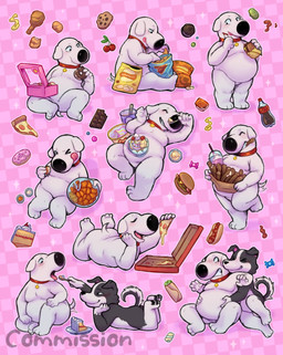anthro belly_grab beverage beverage_bottle bottle burger cake cake_slice candy cherry chips_(food) chocolate chocolate_bar churro collar container cookie dessert doughnut duo eating feeding food fruit geometric_background hot_dog ice_cream male male/male pastry pawpads pink_background pizza plant simple_background slightly_chubby slightly_chubby_anthro slightly_chubby_male soda soda_bottle anonpupb family_guy mr._pickles_(series) brian_griffin mr._pickles canid canine mammal hi_res multiple_images