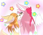 anthro big_breasts blush breasts brown_hair duo eyebrows eyelashes eyes_closed female female/female fur green_eyes hair kemono kiss_on_lips kissing multicolored_body multicolored_fur pink_body pink_fur pink_hair simple_background tan_body tan_fur white_body white_fur milkteafox ruby_fox canid canine fox mammal 2016 5:4 digital_media_(artwork) digital_painting_(artwork)