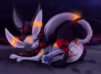 4_toes anal anal_penetration animal_genitalia animal_penis anus balls black_balls black_body black_fur blue_eyes bodily_fluids butt canine_genitalia canine_penis cum cum_in_ass cum_inside digitigrade duo erection feet feral feral_on_feral fur genital_fluids genitals glowing knot male male/male male_penetrated male_penetrating male_penetrating_male nude one_eye_closed orgasm outside pawpads paws penetration penis pink_penis quadruped sex toes white_balls white_body white_fur trigaroo nintendo pokemon brochu fan_character trig eeveelution generation_2_pokemon generation_7_pokemon litten pokemon_(species) umbreon 2018 digital_media_(artwork) shaded