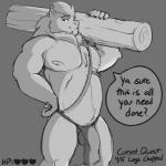 anthro balls bottomwear clothed clothing dialogue fur gameplay_mechanics genitals grey_background heart_symbol lifting log loincloth male mane muscular muscular_anthro muscular_male paws quest simple_background smug solo text topless wood sidekick leo_(sidekick) felid lion mammal pantherine 1:1 english_text monochrome