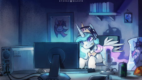 beverage book can computer computer_mouse concentration container crown detailed_background electronics energy_drink feathered_wings feathers female feral fur green_hair hair headgear headphones horn keyboard looking_at_viewer microphone monitor multicolored_hair photo pink_hair post poster purple_body purple_eyes purple_fur purple_hair shelf solo tongue tongue_out white_body white_fur wings foxinshadow friendship_is_magic hasbro my_little_pony mythology princess_celestia_(mlp) princess_luna_(mlp) twilight_sparkle_(mlp) equid equine mammal mythological_creature mythological_equine winged_unicorn digital_media_(artwork) shaded