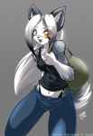 anthro bag biped bottomwear breasts clothed clothing female grey_hair hair looking_at_viewer orange_eyes pants shirt solo standing tail thong thong_straps topwear underwear chalo annie_(jeso) canid canine canis domestic_dog husky mammal nordic_sled_dog spitz