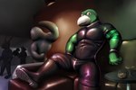 alcohol anthro beverage black_clothing boots bulge clothing footwear furniture glistening glistening_clothing green_body latex latex_clothing latex_legwear latex_topwear legwear lights looking_offscreen lounging male muscular muscular_male nightclub sculpture shoes smirking_at_another sofa solo_focus statue topwear tuubi avian bird absurd_res digital_media_(artwork) hi_res huge_filesize