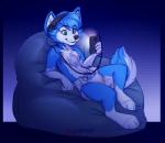 anthro blue_body blue_fur bodily_fluids chest_tuft clothed clothing diaper electronics fur genital_fluids green_eyes headphones male navel phone sitting solo tuft unclean_diaper urine used_diaper wearing_diaper wet_diaper wetting white_body white_fur young applepup canid canine canis mammal wolf 2017