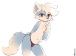 anthro biped blue_body blue_fur bulge chest_tuft clothed clothing fluffy fluffy_tail fur gesture looking_at_viewer male navel simple_background slim solo standing tail thong topless tuft underwear white_body white_fur hyn1x canid canine fox mammal digital_drawing_(artwork) digital_media_(artwork) hi_res portrait signature three-quarter_portrait