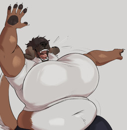 anthro big_breasts black_bottomwear black_clothing black_nose black_pants bottomwear breasts brown_body brown_fur brown_tail clothed clothing fangs female female_anthro front_view fur grey_background huge_breasts obscured_eyes open_mouth overweight overweight_anthro overweight_female pants shirt simple_background solo t-shirt tail teeth tongue topwear white_body white_clothing white_fur white_shirt white_t-shirt white_tail white_topwear jezzlen mollie_(jezzlen) canid canine canis domestic_dog mammal half-length_portrait hi_res portrait