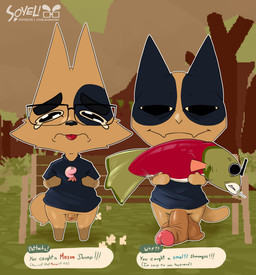 anthro big_penis bodily_fluids duo eyewear fishing foreskin genitals glasses huge_penis humiliation male penis penis_humiliation sad small_penis_humiliation tears thick_thighs tongue tongue_out soyeleyevrows webfishing aquatic arthropod canid canine crustacean felid fish mammal shrimp hi_res