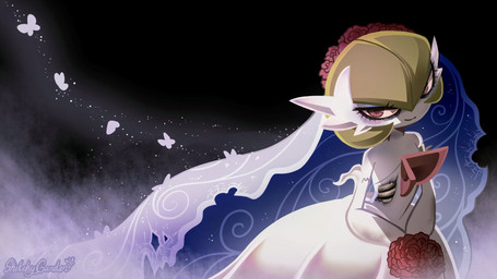 accessory bone bouquet clothing dress exposed_bone exposed_rib_cage female flower flower_bouquet flower_in_hair green_hair hair hair_accessory looking_at_viewer plant red_eyes smile solo text wedding_veil white_body white_clothing white_dress white_skin sketchygarden nintendo pokemon generation_6_pokemon humanoid mega_evolution mega_gardevoir pokemon_(species) 16:9 artist_name hi_res widescreen