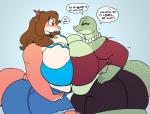 2018 anthro big_breasts breast_squish breasts breasts_frottage brown_hair clothed clothing dialogue dragon duo english_text eyes_closed female female/female grace_(sssonic2) hair hi_res huge_breasts lizard mature_anthro mature_female miss_l mythological_creature mythological_scalie mythology non-mammal_breasts overweight red_eyes reptile scalie squish tail text vdisco