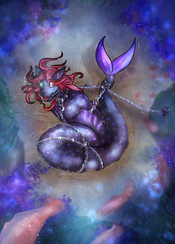 anthro bdsm bondage bound bubble chain chained collar gag hair locked male red_hair sand sea solo split_form underwater water lsheena aquatic canid canine canis domestic_dog fish mammal merfolk hi_res