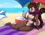 anthro beach beach_towel beach_umbrella beverage bikini breasts cleavage clothed clothing cooler facial_piercing female hair nose_piercing nose_ring parasol piercing ring_piercing seaside solo swimwear towel two-piece_swimsuit umbrella zyira domestic_cat felid feline felis mammal digital_media_(artwork) shaded