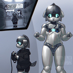 alternate_form ambiguous_gender anthro biped black_bottomwear black_clothing black_hoodie black_shorts black_topwear bottomwear clothed clothed_anthro clothing grey_body hoodie machine nude_anthro pseudo_hair screen_eyes shorts solo tail text topwear translucent_pseudo_hair wire salamanding joan_(salamanding) canid canine canis domestic_dog mammal robot robot_anthro robot_dog 1:1 2025 comic digital_drawing_(artwork) digital_media_(artwork) english_text hi_res female_(lore)