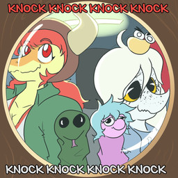 ahoge anthro black_eyes blonde_hair blue_clothing blue_hoodie blue_topwear clothing duo eyelashes female freckled_face freckles green_clothing green_jacket green_topwear grey_body grey_scales hair hand_puppet hat headgear headwear hoodie jacket long_hair peephole perspective red_eyes red_hair scales smile snout text topwear yellow_body yellow_scales yellow_sclera arsenic_iii cavemanon_studios snoot_game judee schizo_chan_(snoot_game) compsognathid compsognathus dinosaur prehistoric_species reptile scalie theropod troodon troodontid 1:1 2024 digital_drawing_(artwork) digital_media_(artwork) english_text
