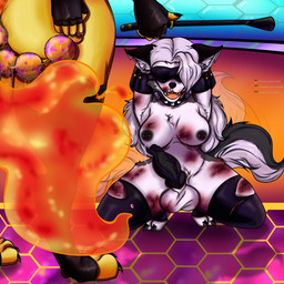 anal anal_beads anal_penetration anthro ball_gag balls bdsm bdsm_collar bdsm_outfit blindfold blood bodily_fluids bruised bruised_balls clothing cock_and_ball_torture dildo dildo_in_ass dildo_insertion dominant dominant_female dripping duo female fur gag gagged genital_fluids genital_torture genitals grey_body grey_fur gynomorph gynomorph/female hair intersex intersex/female kneeling leaking_precum legwear masochism nosebleed object_in_ass pantyhose penetration penis precum precum_drip precum_on_own_penis precum_on_penis sadism sex_toy sex_toy_in_ass sex_toy_insertion spread_legs spreading tail tail_motion tailwag teeth whip whip_mark white_hair wound_on_face wound_on_genitals wound_on_leg wound_on_torso yellow_body yellow_fur cristh501 hellaverse helluva_boss mythology loona_(helluva_boss) queen_bee-lzebub_(helluva_boss) canid canid_demon canine demon hellhound mammal mythological_canine mythological_creature 1:1 absurd_res hi_res