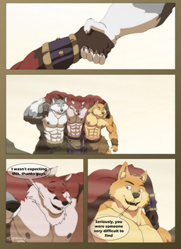 abs anthro armor big_muscles blue_eyes bottomwear bracers clothing dialogue eyes_closed fur grey_body grey_fur group huge_muscles male multicolored_body multicolored_fur muscular muscular_anthro muscular_male open_mouth pecs red_body red_fur sandstorm speech_bubble teeth text trio two_tone_body two_tone_fur white_body white_fur yellow_body yellow_fur xxsparcoxx grael_(xxsparcoxx) kraso_(xxsparcoxx) teofacio_larna canid canine canis domestic_dog fox mammal red_fox true_fox wolf 2020 artist_name comic digital_media_(artwork) english_text hi_res