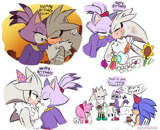 annoyed anthro bandage birthday blue_body blue_fur blue_quills blush blush_lines boots bottomwear cake chair chest_tuft clothed clothed_anthro clothed_female clothing dessert dirt dress embarrased_female embarrassed female flower fluffy fluffy_chest food footwear fully_clothed fully_clothed_anthro fully_clothed_female fur furniture garden gloves grey_body grey_fur group handwear hat headgear headwear high_heels lawn_chair male pants party_hat pink_body pink_clothing pink_footwear pink_fur pink_high_heels plant purple_body purple_clothing purple_dress purple_fur purple_hair_tips quills_(anatomy) red_clothing red_dress red_hairband shoes table tan_arms tan_mouth text trowel tuft white_bottomwear white_cloth white_clothing white_gloves white_handwear white_pants quavernsfw sega sonic_the_hedgehog_(series) amy_rose blaze_the_cat silver_the_hedgehog sonic_the_hedgehog domestic_cat eulipotyphlan felid feline felis hedgehog mammal 2025 digital_media_(artwork) english_text hi_res sequence