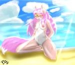 anthro beach biped blush breasts detailed_background eyewear female fur glasses green_eyes hair kemono kneeling looking_at_viewer nipples nude open_mouth outside pink_body pink_fur pink_hair sand seaside sky solo water white_body white_fur milkteafox ruby_fox canid canine fox mammal 2016 hi_res