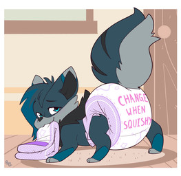 ambiguous_gender anthro border butt clothing diaper feral looking_at_viewer padded padding solo text white_border white_diaper bubblepuppers felid feline mammal english_text hi_res
