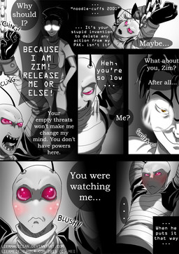 aged_up antennae_(anatomy) backpack blush bound clothed clothing dialogue exclamation_point eyes_closed eyewear fist glasses male open_mouth question_mark red_eyes speech_bubble text lier_magician invader_zim nickelodeon dib_membrane zim_(invader_zim) alien alien_humanoid human humanoid irken mammal 2013 comic digital_media_(artwork) english_text signature