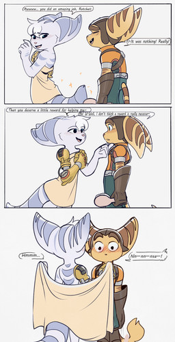 anthro blush brush clothing convenient_censorship cybernetic_arm cybernetic_limb dialogue dropping_object duo eyes_closed female fluffy fluffy_tail fur gloves hair handwear looking_back_at_self male male/female markings motion_lines open_towel pink_nose rear_view ring_(marking) ringed_tail sparkles striped_markings striped_tail stripes tail tail_markings text towel towel_only white_body white_fur white_hair yellow_body yellow_fur time_fluffy500 ratchet_and_clank sony_corporation sony_interactive_entertainment ratchet_(ratchet_and_clank) rivet_(ratchet_and_clank) lombax mammal absurd_res comic english_text hi_res