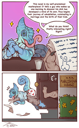 anthro balls blue_body bottomwear brown_body brown_bottomwear brown_clothing brown_pants claws clothing container cup dialogue duo finger_claws genitals green_eyes heart_pattern_underwear kick living_penis long_tongue male muscular muscular_anthro muscular_male pants paper pattern_clothing pattern_shirt pattern_topwear penis raised_tail shirt speech_bubble striped_body striped_clothing striped_shirt striped_topwear stripes tail text toe_claws tongue topwear underwear white_clothing white_underwear ziran chameleon lizard reptile scalie absurd_res comic english_text hi_res signature