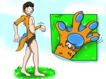 anthro barefoot biped blue_eyes blue_markings blue_pawpads bottomwear brown_hair clenched_teeth clothed clothing eyewear eyewear_on_head feet fur goggles goggles_on_head grass growth hair human_to_anthro looking_down_at_self male markings membrane_(anatomy) nervous nipples orange_body orange_fur otter_tail pawpads plant simple_background solo species_transformation standing swimwear tail tail_growth tail_growth_in_pants teeth toes topless transformation transformation_sequence wardrobe_malfunction webbed_hands fox0808 dustyfoxy human mammal mustelid otter 2012 colored