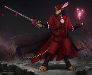 anthro barazoku black_raincoat black_tail brown_ears clothing detailed_background fantasy feathers green_eyes hat headgear headwear knight magic magic_user male melee_weapon muscular pirate_hat rapier red_clothing red_costume red_diamond red_hat red_headwear smile solo standing_on_rock standing_on_rocks sword tail warrior weapon white_body white_feathers yellow_tail skwerna_timido final_fantasy final_fantasy_xiv square_enix red_mage_(final_fantasy) domestic_cat felid feline felis hrothgar mammal hi_res