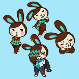 accessory anthro blue_background bottomwear cheek_spots clothed clothing crossed_arms crossed_legs denim denim_bottomwear denim_clothing dress ear_piercing ear_ring eyelashes eyeshadow female gingham grin hair hair_over_eye half-closed_eyes highlights_(coloring) jacket jacket_on_shoulders jeans leather leather_clothing leather_jacket leather_topwear lesbian_pride_colors lgbt_pride lipstick makeup multiple_poses narrowed_eyes necktie pants pattern_clothing pattern_dress piercing pose pride_colors ring_piercing shirt simple_background sitting smile smirk solo teeth tooth_gap topwear torn_bottomwear torn_clothing torn_jeans torn_pants white_clothing white_dress_shirt white_shirt white_topwear vitreousglassy animal_crossing nintendo carmen_(animal_crossing) lagomorph leporid mammal rabbit 2026 hi_res