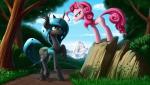 blue_eyes cloud cutie_mark detailed_background duo female feral grass hair horn insect_wings landscape mountain nature outside pink_hair plant rock scenery sky tree wings zigword friendship_is_magic hasbro my_little_pony pinkie_pie_(mlp) queen_chrysalis_(mlp) arthropod changeling earth_pony equid equine horse mammal pony 2015 hi_res