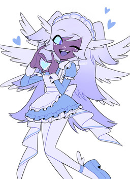 clothed clothing feathered_wings feathers female freckled_face freckles gesture heart_gesture maid_uniform multi_wing one_eye_closed solo uniform wings enaic31 hazbin_hotel hellaverse emily_(hazbin_hotel) angel angel_humanoid humanoid seraph_(angel) absurd_res hi_res