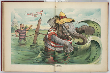 anthro capitol_hill caption clothing duo extended_arm eyewear glasses green_water grey_body hat headgear headwear imminent_drowning label male neo-classical_architecture outside plant political_cartoon politics sky smile swimwear text tree tusk_jewelry tusks united_states_capital_building warning water wave john_pughe public_domain puck_(magazine) republican_party_(usa) republican_elephant theodore_roosevelt elephant elephantid human mammal proboscidean 1903 20th_century absurd_res ancient_art english_text hi_res signature traditional_media_(artwork)