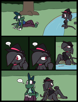 3_toes 4_fingers anthro black_clothing black_dress black_hat black_headwear chest_tuft choker claws clothed clothing cute_fangs dress duo ellipsis eye_contact fangs feet female finger_claws fingers fist frown grass green_body green_hair green_scales grey_hair hair hair_over_eye hands_on_knees hands_on_legs hat headgear headwear jewelry looking_at_another looking_down male motion_lines necklace on_grass on_ground panties pink_choker pink_clothing pink_eyes pink_hat pink_headwear pink_jewelry pink_necklace pink_panties pink_pupils pink_underwear plant ponytail pupils purple_eyes purple_pupils scales sitting teeth toe_claws toes tuft underwear upskirt white_claws witch_hat ultilix european_mythology mythology emerald_(ultilix) domestic_cat dragon felid feline felis mammal mythological_creature mythological_scalie scalie western_dragon 2025 comic hi_res