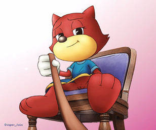 anthro bedroom_eyes blue_clothing blue_shirt blue_topwear clothing female female_anthro fur genitals gloves gradient_background handwear leash leash_pull leashed_viewer low-angle_view narrowed_eyes red_body red_fur seductive shirt simple_background sitting solo toony topwear vulva super_kubo toontown toontown_online toontown_japan_cat domestic_cat felid feline felis mammal absurd_res hi_res