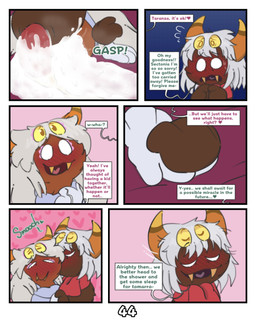 2_horns after_sex apology blush bodily_fluids cum cum_on_sheets dark_body dark_skin dialogue duo fangs female floating_hands genital_fluids genitals grey_hair hair heart_symbol horn kissing kissing_cheek male male/female onomatopoeia penis sound_effects speech_bubble teeth text unusual_anatomy unusual_eye_placement kittipaws kirby:_triple_deluxe kirby_(series) nintendo queen_sectonia_(original_form) taranza arachnid arthropod spider spidr absurd_res comic english_text hi_res